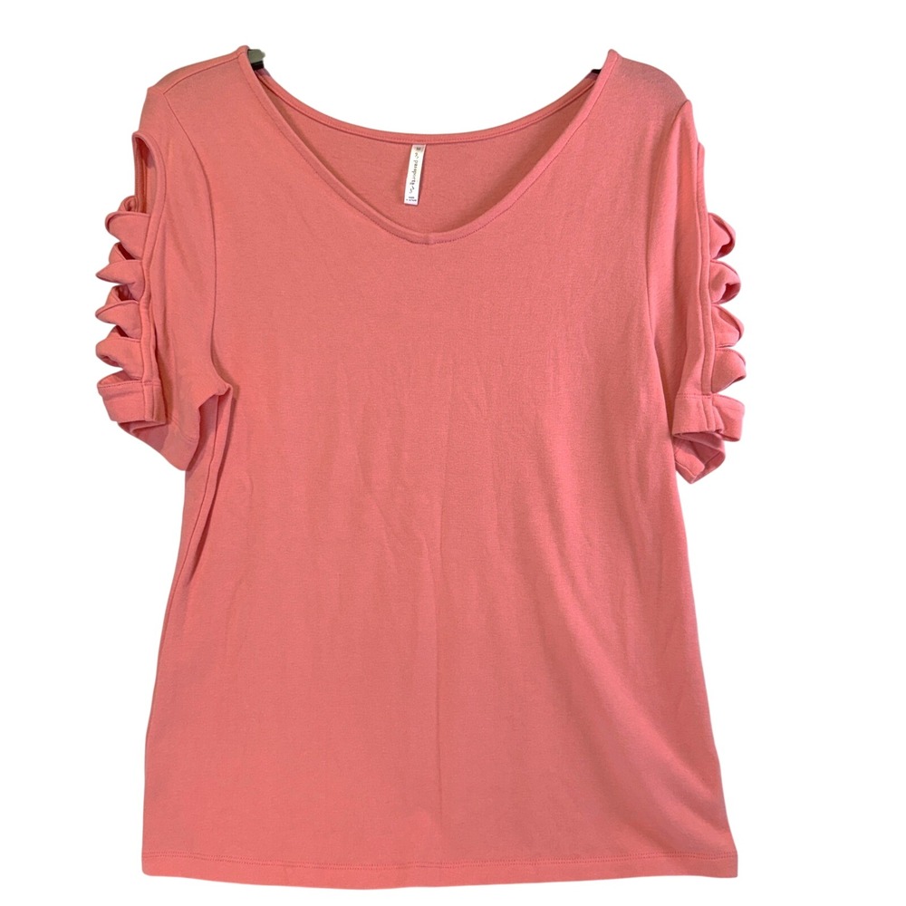 Passports Womens Med Coral Lattice Cut Out Short Sleeve Scoop Neck Top 263A1
